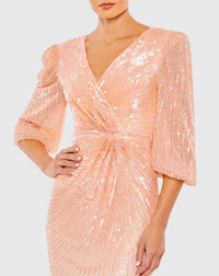 Sequin Faux Wrap Puff Sleeve Gown - Peac