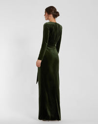 Long Sleeve Deep V Draped Velvet Gown - Olive