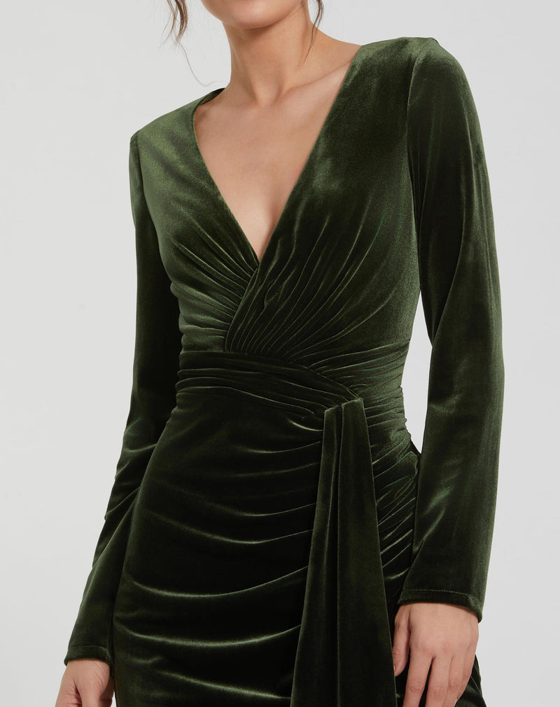 Long Sleeve Deep V Draped Velvet Gown - Olive