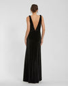 Deep V High Slit Draped Velvet Fitted Gown - Black