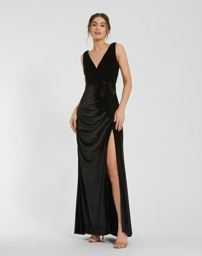 Deep V High Slit Draped Velvet Fitted Gown - Black