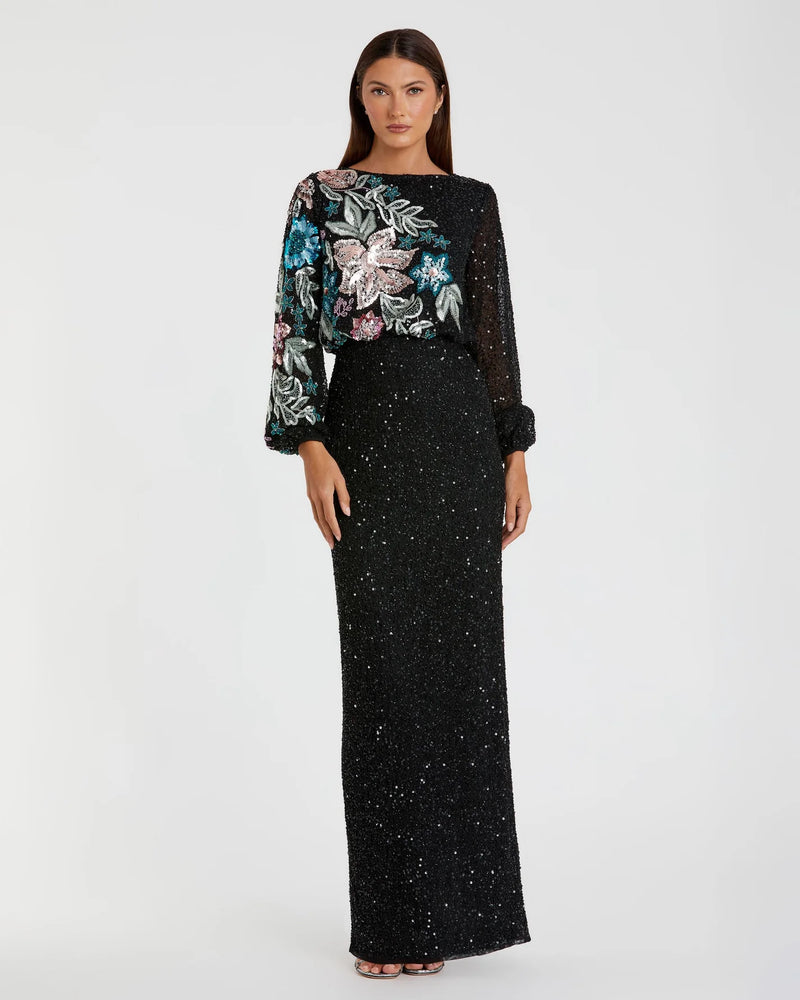 Sequin Embellished Floral Modest Gown - Mocha