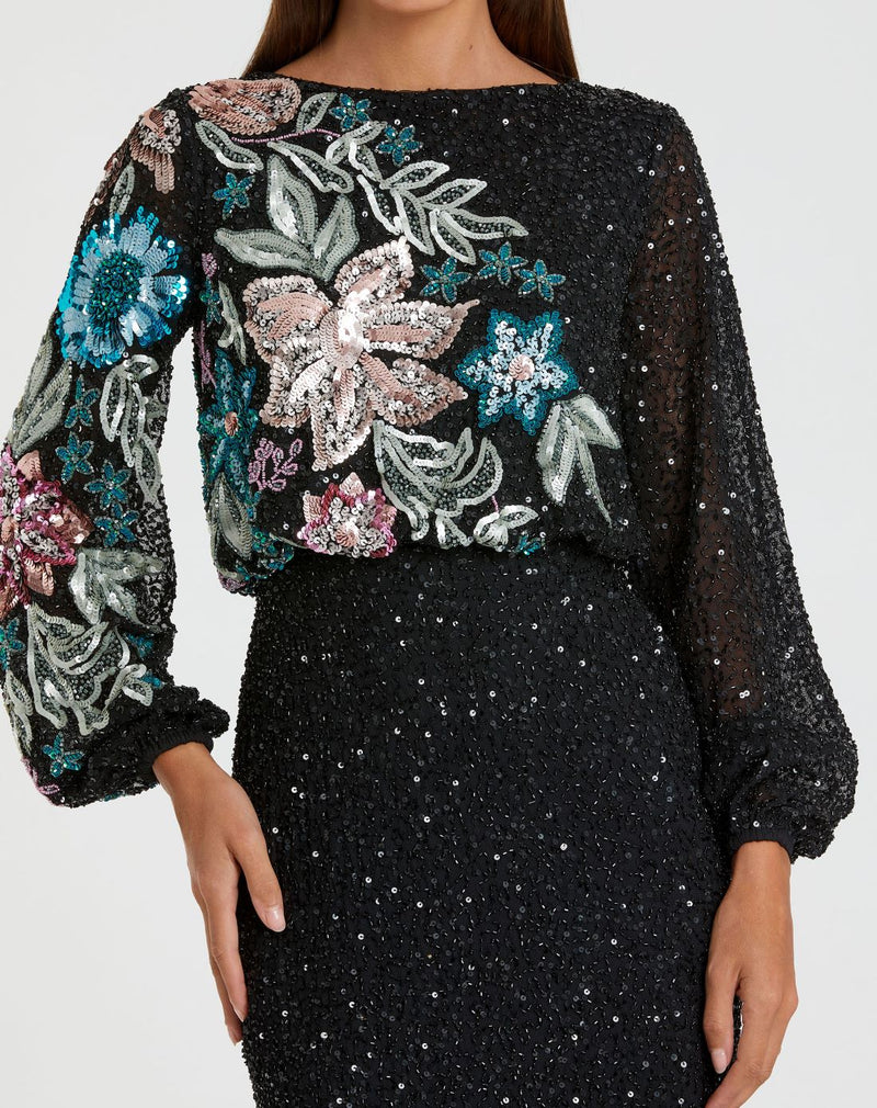 Sequin Embellished Floral Modest Gown - Black