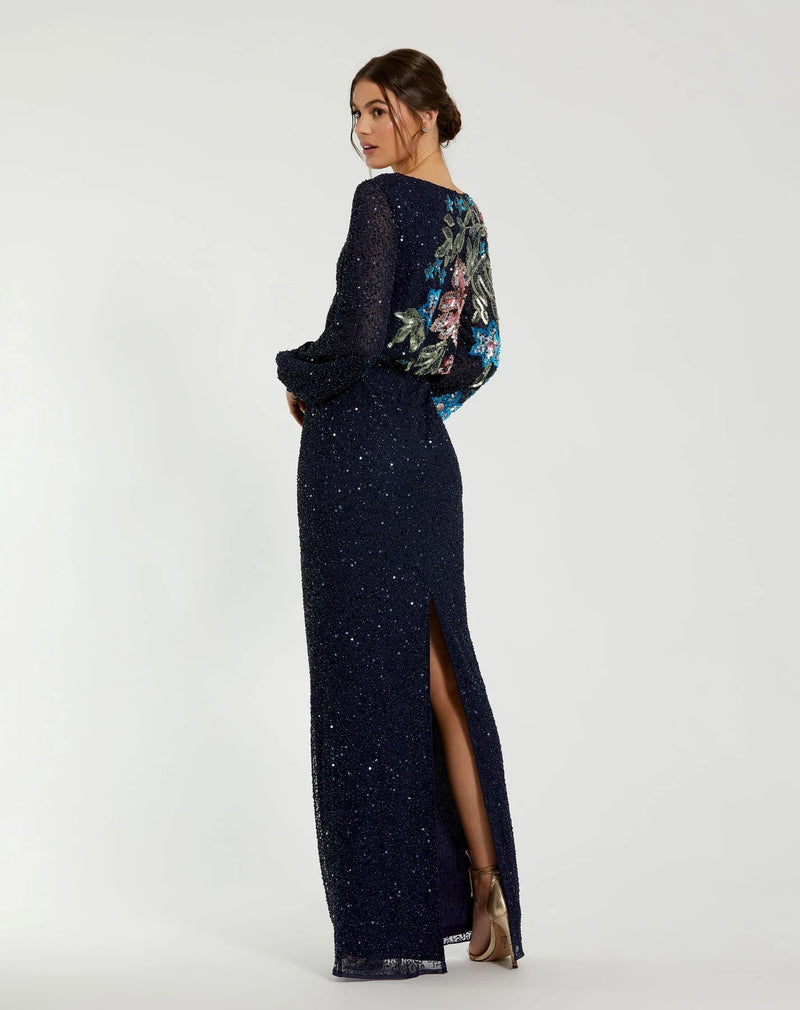 Sequin Embellished Floral Modest Gown - Midnight