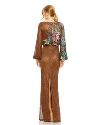 MAC DUGGAL, EMBELLISHED MULTI COLOR FLORAL HIGH NECK GOWN, Style #5615, MOCHA BACK