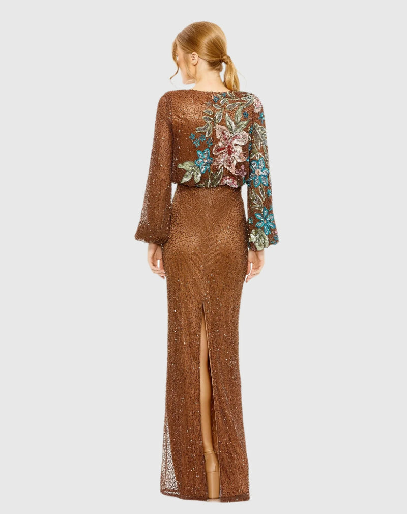 Sequin Embellished Floral Modest Gown - Midnight