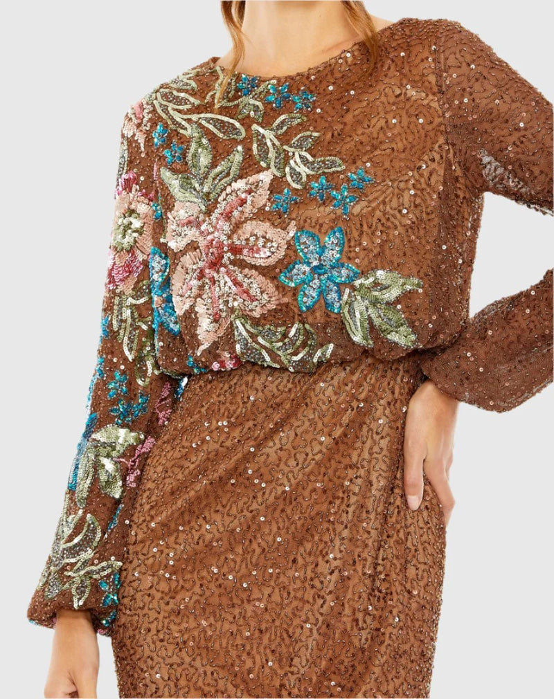 Sequin Embellished Floral Modest Gown - Mocha