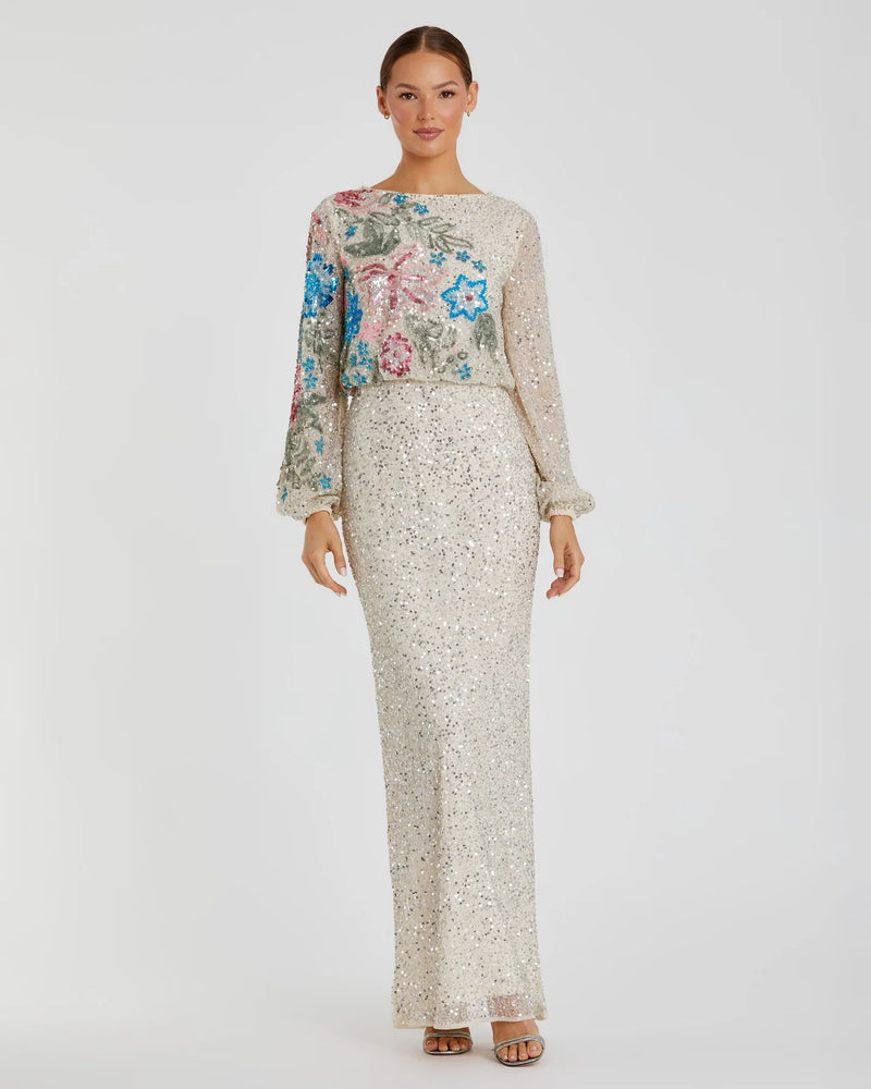 Mac Duggal, Sequin Embellished Floral Modest Gown - Nude #5615