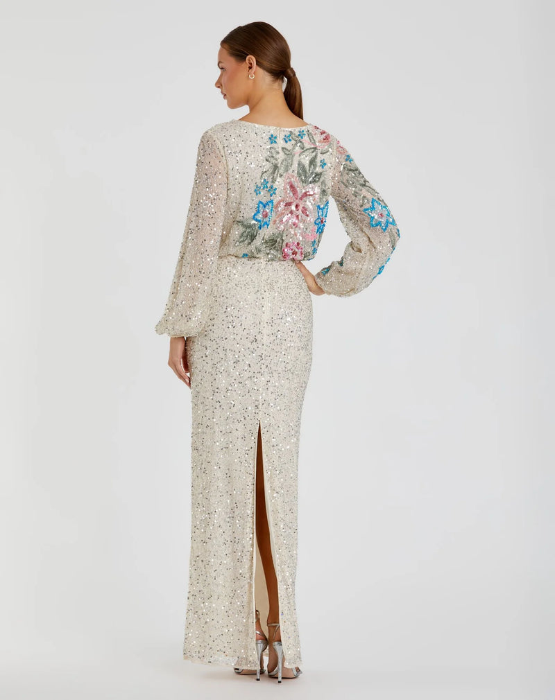 Sequin Embellished Floral Modest Gown - Black