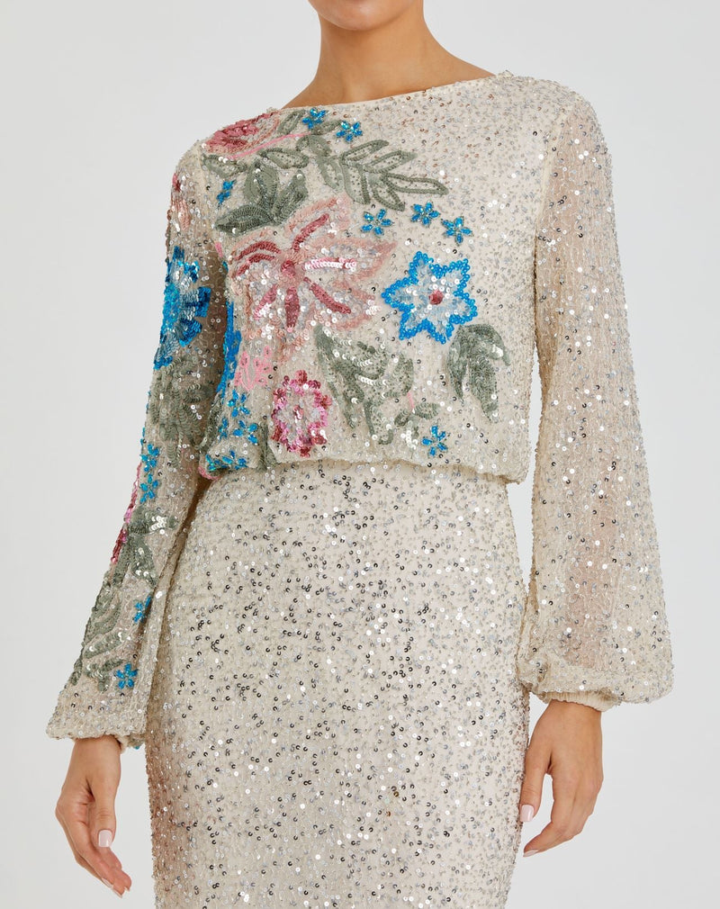 Sequin Embellished Floral Modest Gown - Mocha