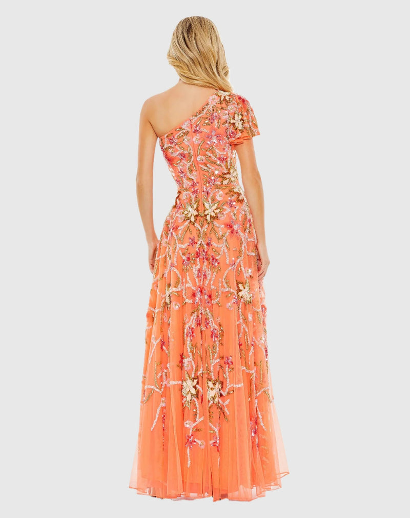 One Shoulder Embellished A-Line Gown - Coral