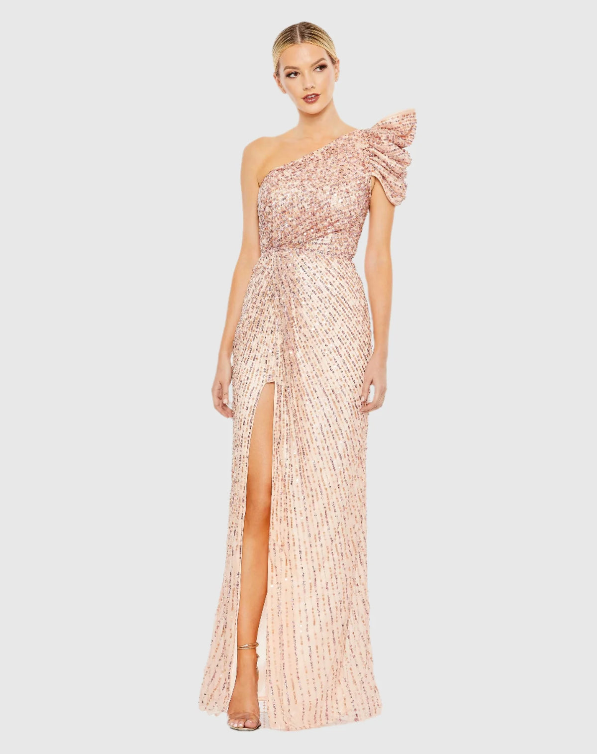 Mac Duggal, Embellished puff one shoulder gown, Apricot #5622