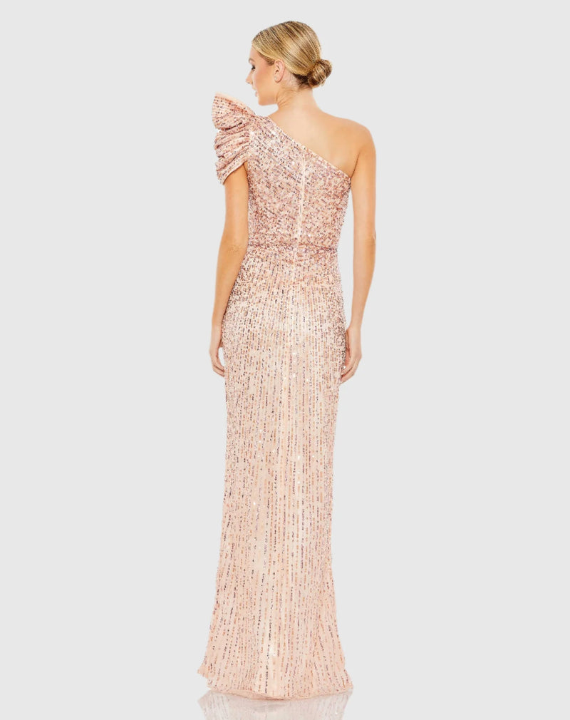 Embellished puff one shoulder gown - Apricot