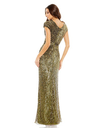 Mac Duggal Style #5623 Sequin faux wrap cap sleeve gown - Olive back view