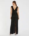 Beaded Cap Sleeve V Neck Column Gown - Black