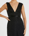 Beaded Cap Sleeve V Neck Column Gown - Black