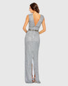 Beaded Cap Sleeve V Neck Column Gown - Silver