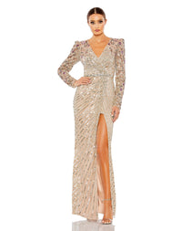 Mac Duggal #5628 Long Sleeve Embellished Puff Sleeve Dress - Nude Multi