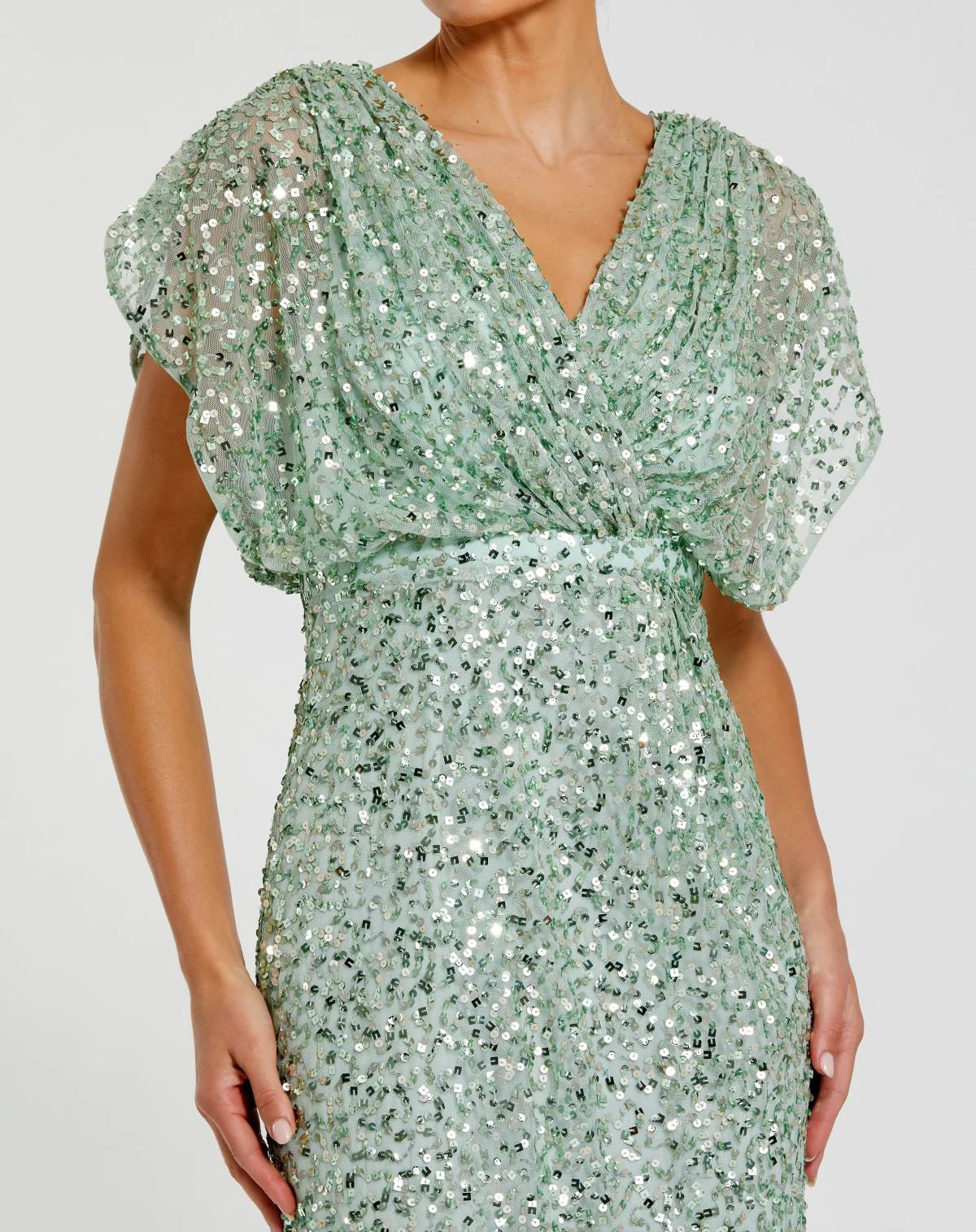 Draped Sleeve V Neck Gown - Seafoam