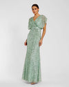 Mac Duggal #5640 Draped Sleeve V Neck Gown - Seafoam Green