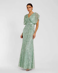 Mac Duggal #5640 Draped Sleeve V Neck Gown - Seafoam Green