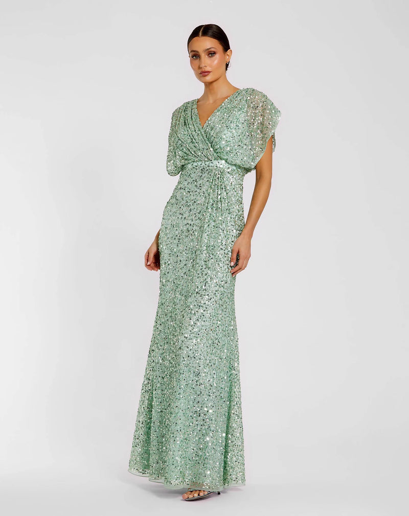 Mac Duggal #5640 Draped Sleeve V Neck Gown - Seafoam Green