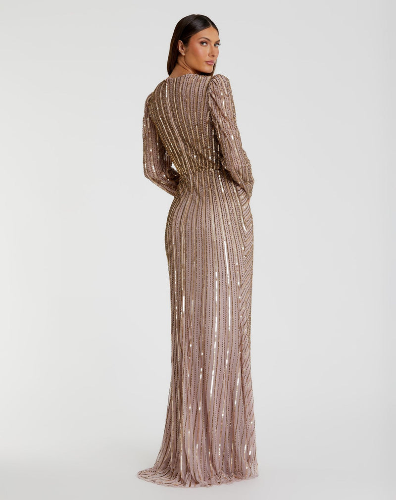 Light Brown Embellished Puff Sleeve Side Knot Gown - Mocha