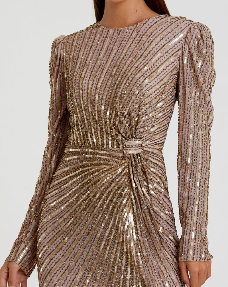 Light Brown Embellished Puff Sleeve Side Knot Gown - Mocha