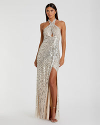 Mac Duggal, Embellished keyhole halter strap draped gown, Silver #5650 