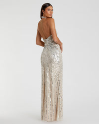 Embellished keyhole halter strap draped gown - Silver