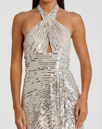 Embellished keyhole halter strap draped gown - Silver