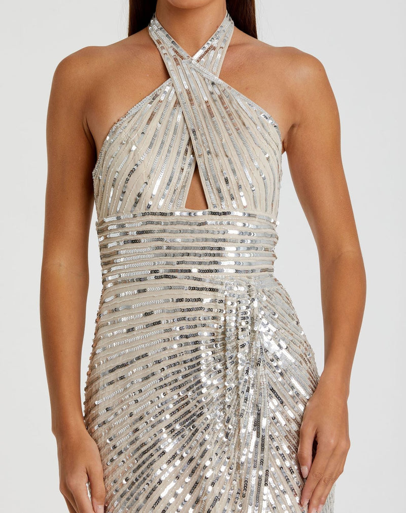 Embellished keyhole halter strap draped gown - Silver