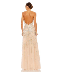  mac duggal, FLORAL EMBELLISHED HALTER STRAP A LINE GOWN, blush, Style #5654 back view