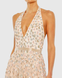 Floral Embellished Halter Plunge Gown - Blush