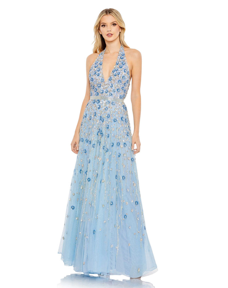 mac duggal, FLORAL EMBELLISHED HALTER STRAP A LINE GOWN, blue, Style #5654