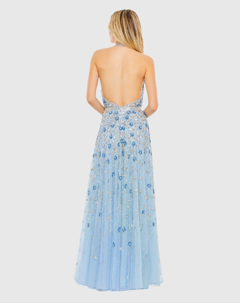 Floral Embellished Halter Plunge Gown - Powder Blue