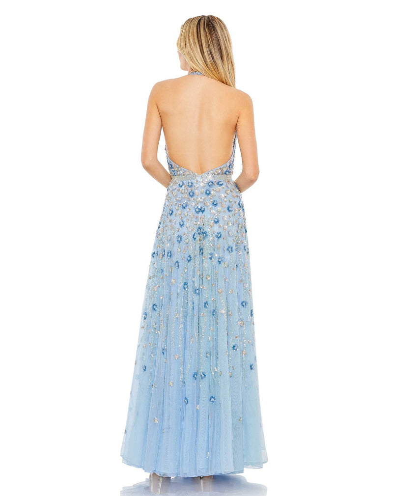 mac duggal, FLORAL EMBELLISHED HALTER STRAP A LINE GOWN, blue, Style #5654 back view
