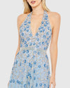 Floral Embellished Halter Plunge Gown - Powder Blue