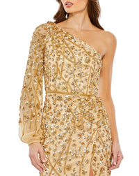 mac duggal, EMBELLISHED ONE SLEEVE FAUX WRAP GOWN, Style #5659, gold