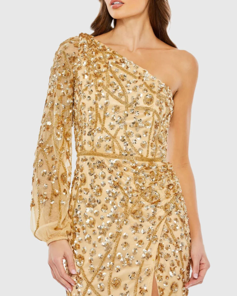 Asymmetric embellished one sleeve gown - Gold