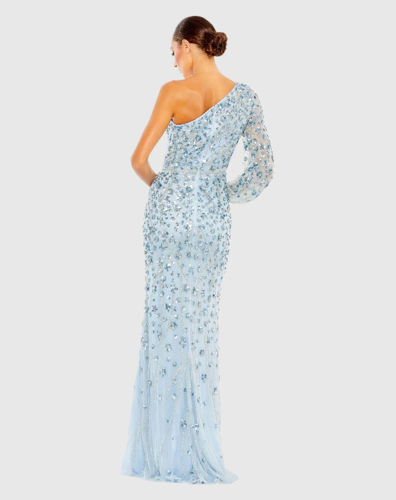 Asymmetric embellished one sleeve gown - Blue