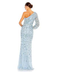 mac duggal, EMBELLISHED ONE SLEEVE FAUX WRAP GOWN, Style #5659 back view