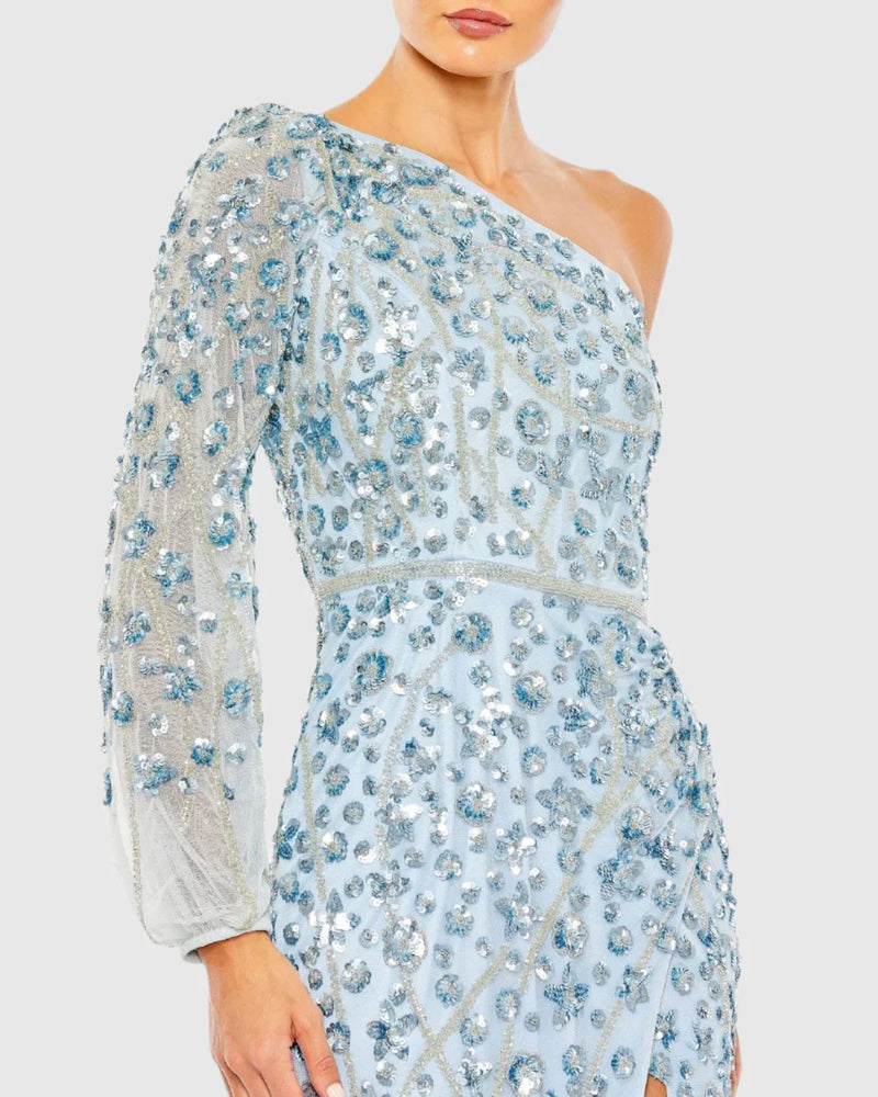 Asymmetric embellished one sleeve gown - Blue