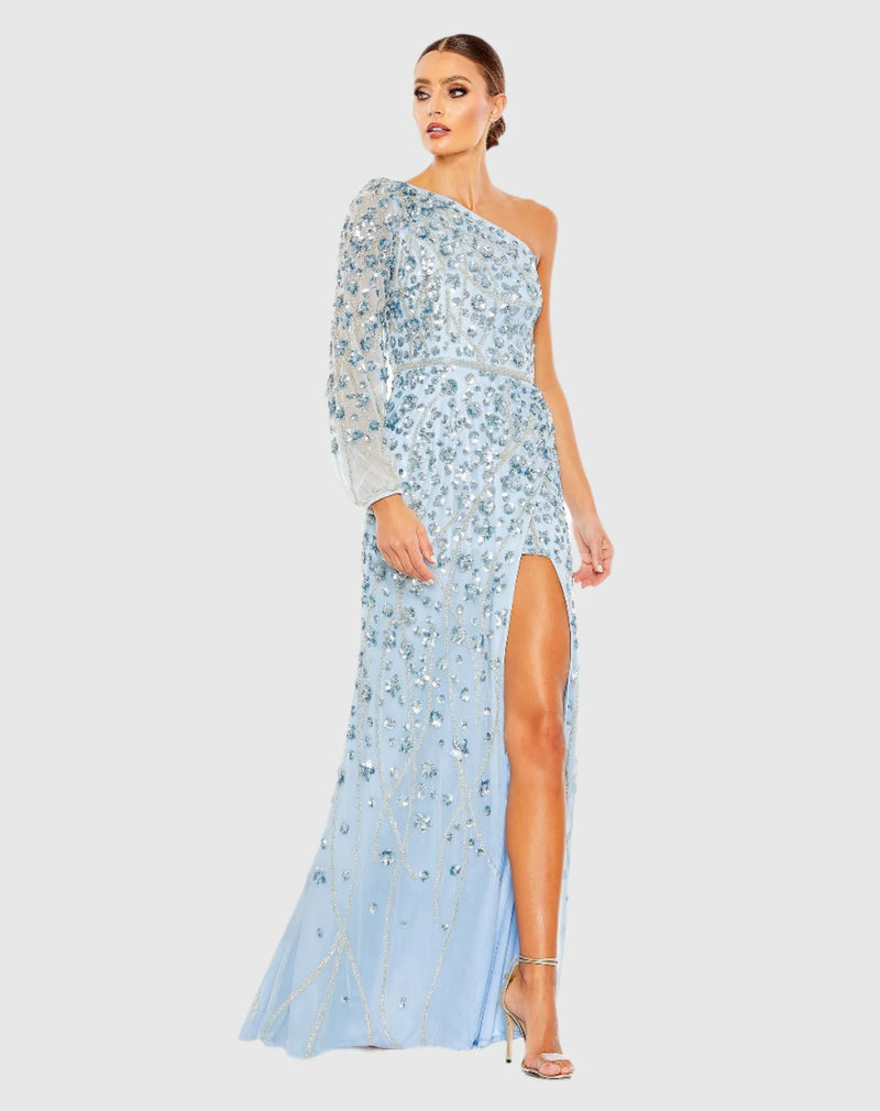 Mac Duggal, Asymmetric embellished one sleeve gown - Ice Blue #5659