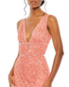 Sequin plunge neck sleeveless column gown - Coral