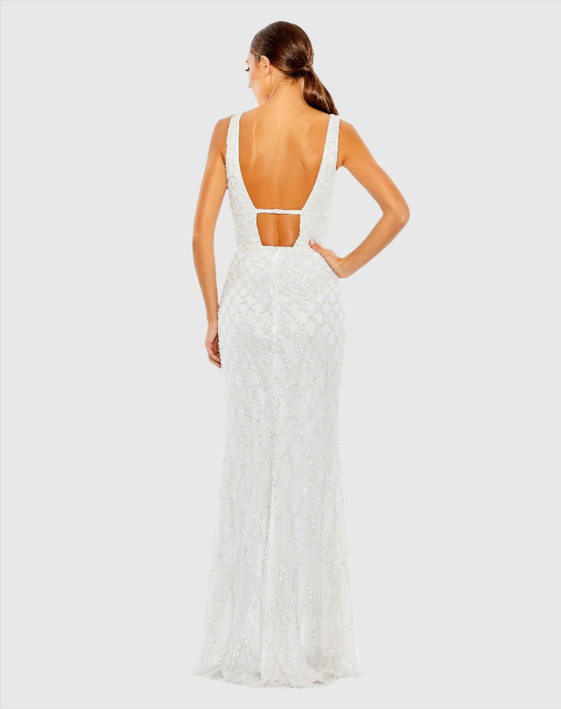 Sequin plunge neck sleeveless column gown - White