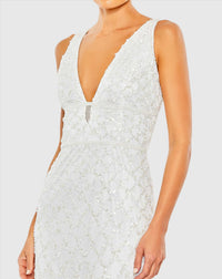 Sequin plunge neck sleeveless column gown - White