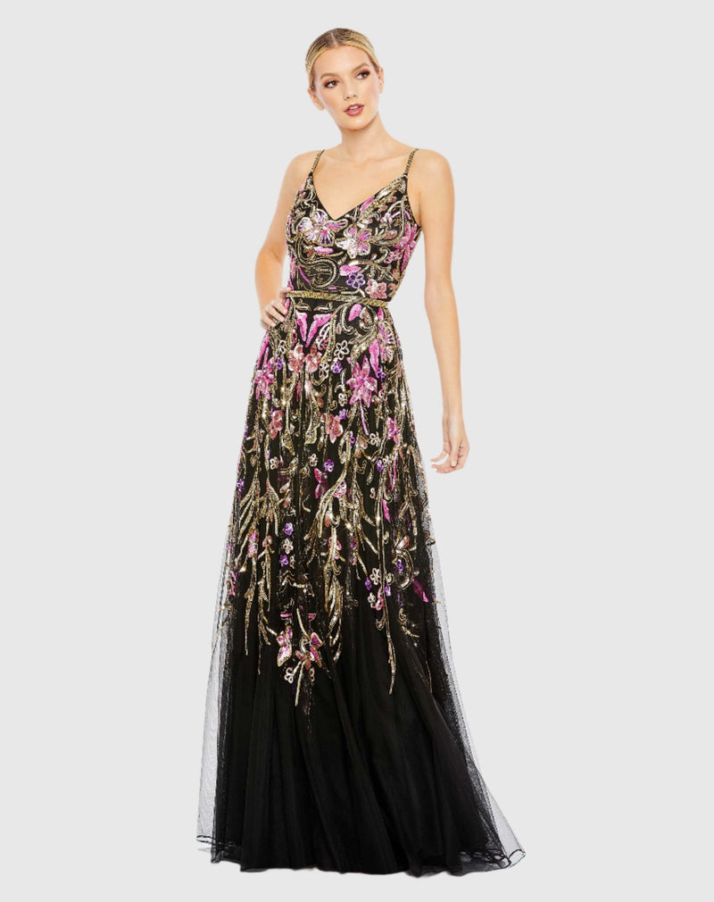 Mac Duggal V Neck Floral Embellished Spaghetti Strap Gown #5671 Black