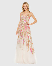 Mac Duggal V Neck Floral Embellished Spaghetti Strap Gown #5671 Oyster