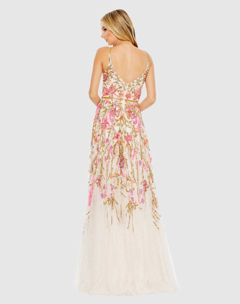 Beige V Neck Floral Embellished Spaghetti Strap Gown - Oyster